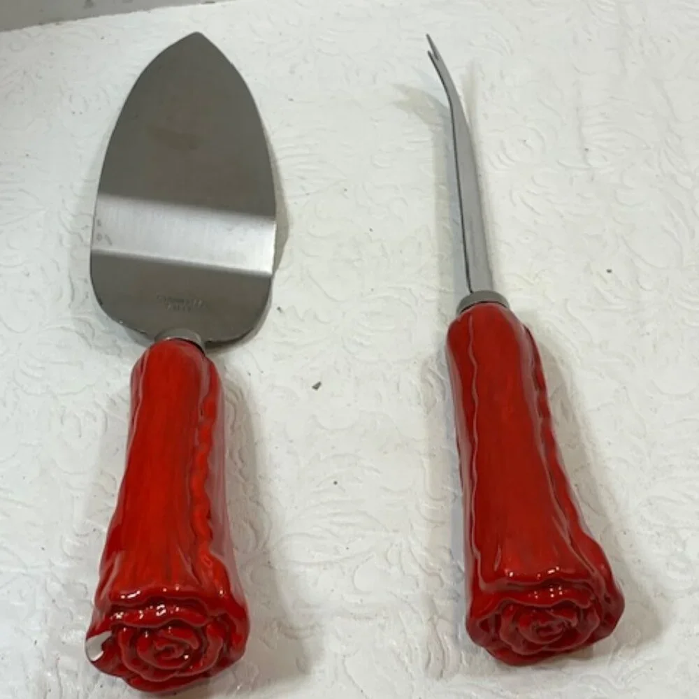 Dessert/Pie/Sandwich Server & Cheese Knife Set Stainless Steel Rose Handles